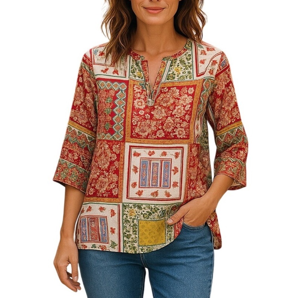 Piko 1988 Patchwork Floral Tunic Women Medium Red Boho Cotton 3/4 Sleeve Top‎